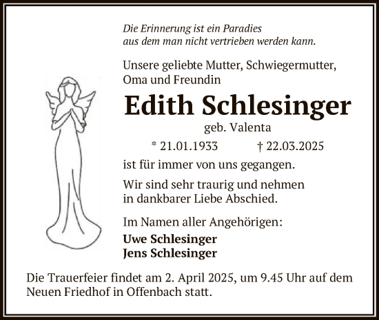 Todesanzeige von Edith Schlesinger von OF