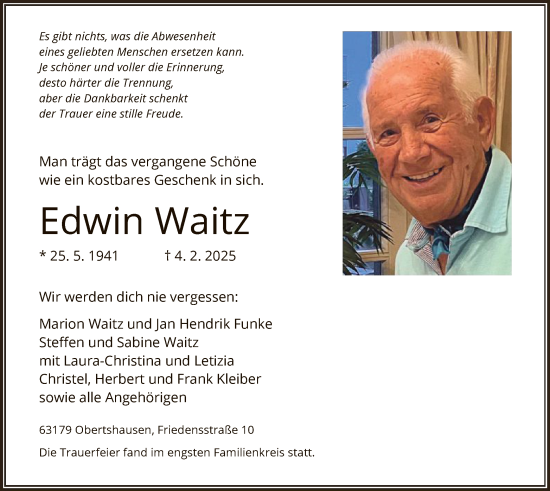 Todesanzeige von Edwin Waitz von OF