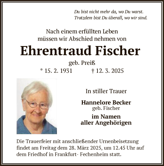 Todesanzeige von Ehrentraud Fischer von OF