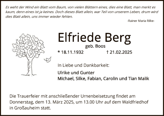 Todesanzeige von Elfriede Berg von OF