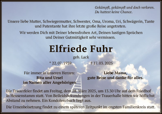 Todesanzeige von Elfriede Fuhr von OF