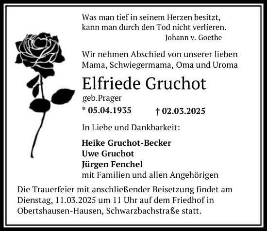 Todesanzeige von Elfriede Gruchot von OF