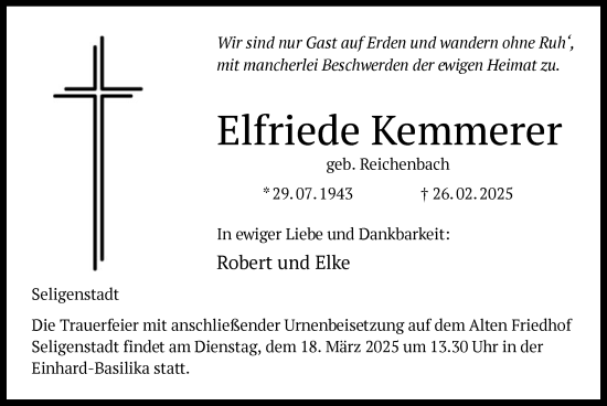 Todesanzeige von Elfriede Kemmerer von OF