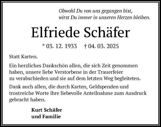 Todesanzeige von Elfriede Schäfer von OF