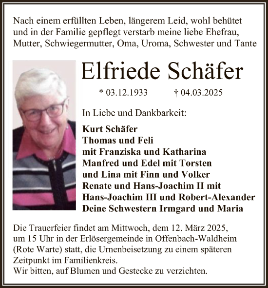Todesanzeige von Elfriede Schäfer von OF
