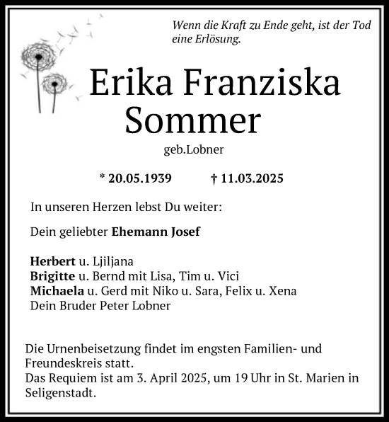 Todesanzeige von Erika Franziska Sommer von OF
