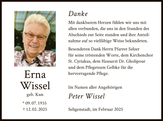 Todesanzeige von Erna Wissel von OF
