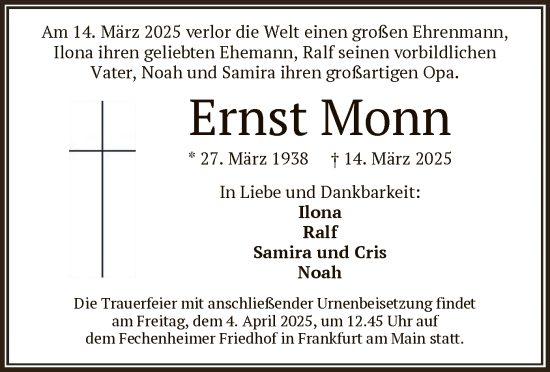 Todesanzeige von Ernst Monn von OF