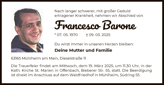 Todesanzeige von Francesco Barone von OF