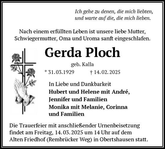 Todesanzeige von Gerda Ploch von OF