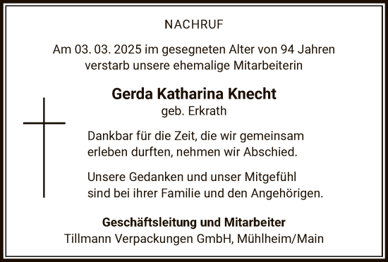 Todesanzeige von Gerda Katharina Knecht von OF