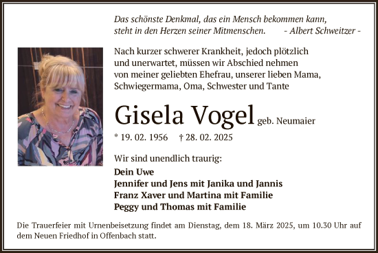 Todesanzeige von Gisela Vogel von OF