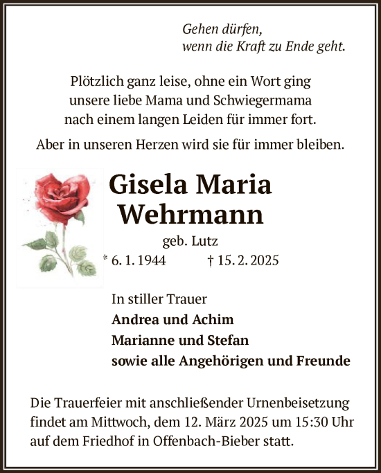 Todesanzeige von Gisela Maria Wehrmann von OF