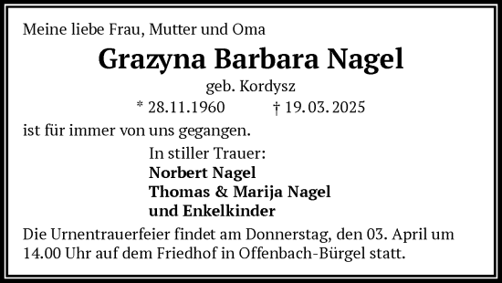 Todesanzeige von Grazyna Barbara Nagel von OF