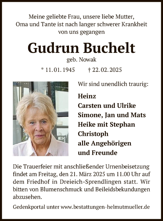 Todesanzeige von Gudrun Buchelt von OF