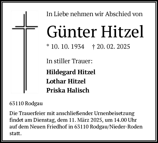 Todesanzeige von Günter Hitzel von OF