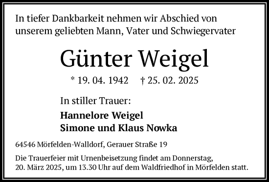 Todesanzeige von Günter Weigel von OF