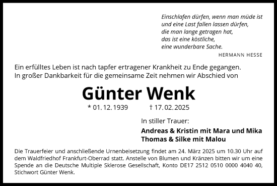 Todesanzeige von Günter Wenk von OF