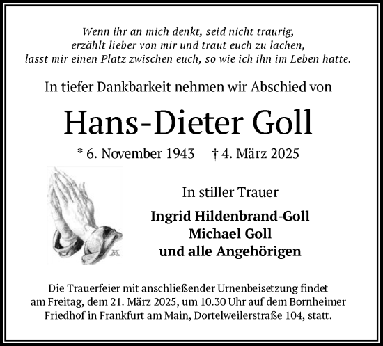 Todesanzeige von Hans-Dieter Goll von OF