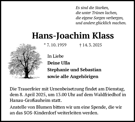 Todesanzeige von Hans-Joachim Klass von OF