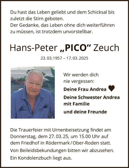 Todesanzeige von Hans-Peter Zeuch von OF