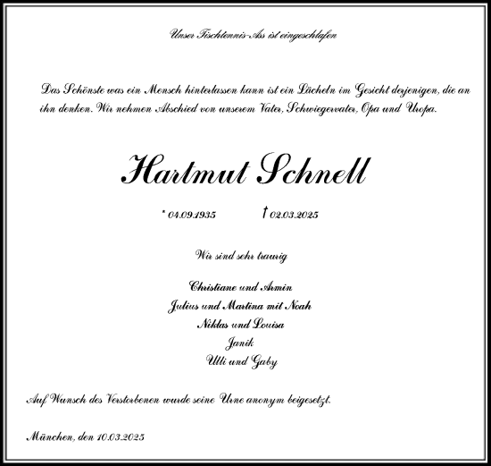 Todesanzeige von Hartmut Schnell von OF