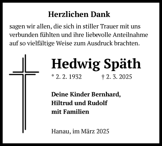 Todesanzeige von Hedwig Späth von OF