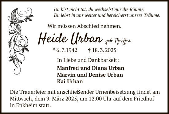 Todesanzeige von Heide Urban von OF