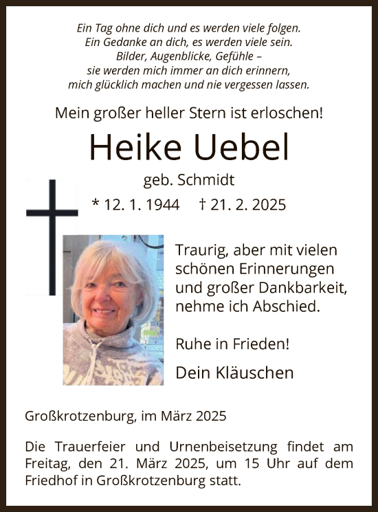 Todesanzeige von Heike Uebel von OF