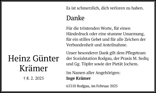 Todesanzeige von Heinz Günter Krämer von OF