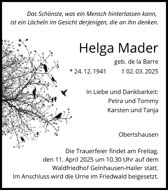 Todesanzeige von Helga Mader von OF