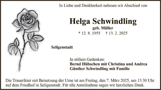 Todesanzeige von Helga Schwindling von OF