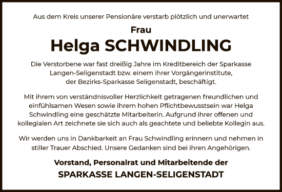 Todesanzeige von Helga Schwindling von OF