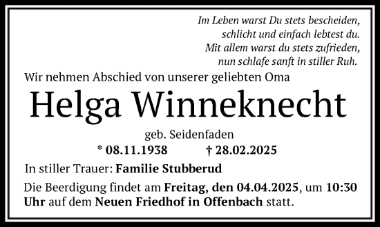 Todesanzeige von Helga Winneknecht von OF