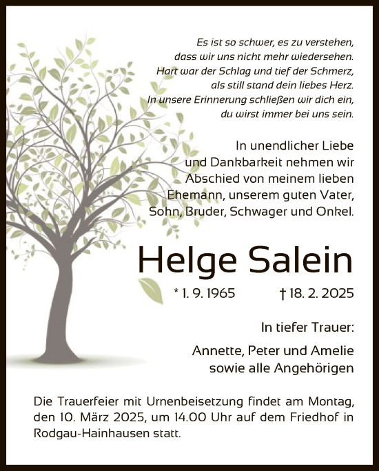 Todesanzeige von Helge Salein von OF