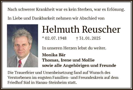 Todesanzeige von Helmuth Reuscher von OF