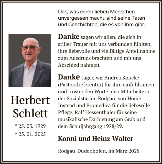 Todesanzeige von Herbert Schlett von OF