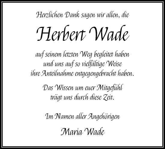 Todesanzeige von Herbert Wade von OF