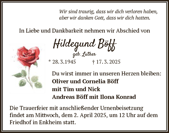 Todesanzeige von Hildegund Böff von OF