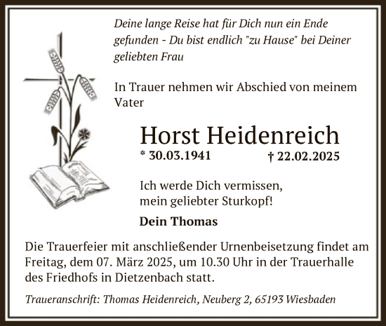 Todesanzeige von Horst Heidenreich von OF