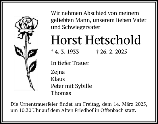 Todesanzeige von Horst Hetschold von OF