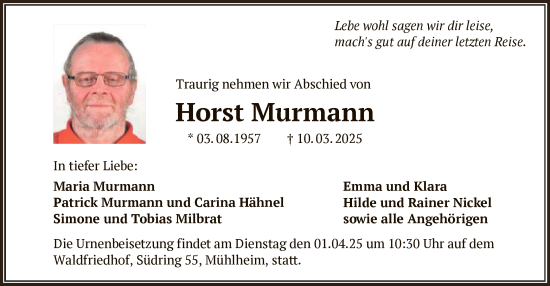 Todesanzeige von Horst Murmann von OF