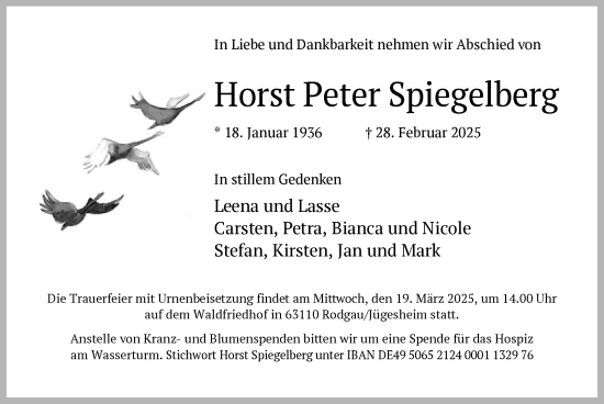 Todesanzeige von Horst Peter Spiegelberg von OF