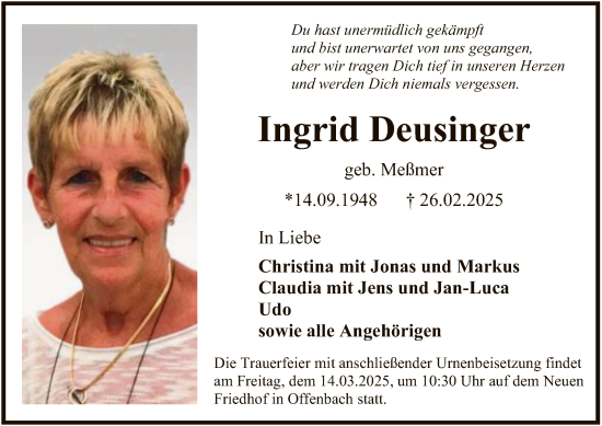 Todesanzeige von Ingrid Deusinger von OF