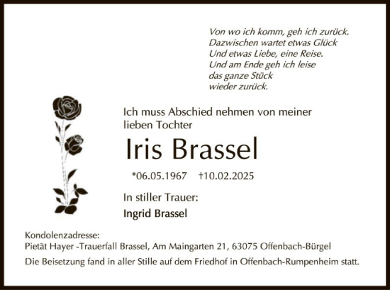 Todesanzeige von Iris Brassel von OF