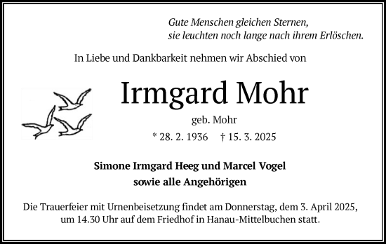Todesanzeige von Irmgard Mohr von OF