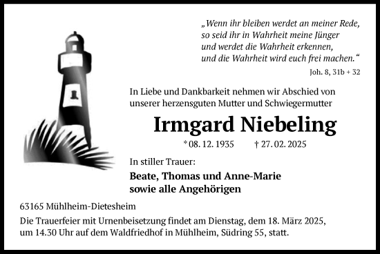 Todesanzeige von Irmgard Niebeling von OF