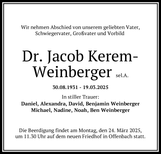 Todesanzeige von Jacob Kerem-Weinberger von OF