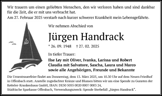 Todesanzeige von Jürgen Handrack von OF