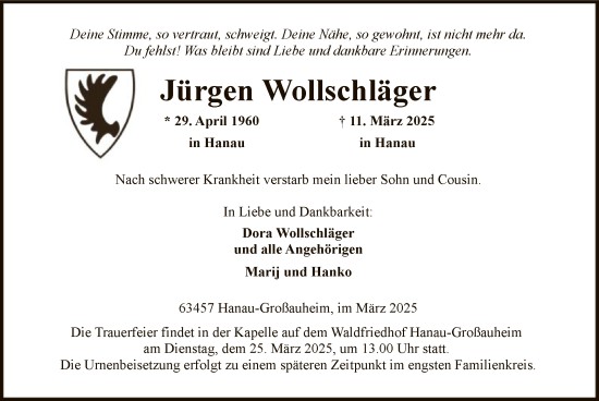 Todesanzeige von Jürgen Wollschläger von OF